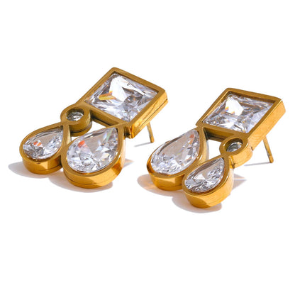 Shiny Cubic Zirconia Square Water Drop Teardrop Stud Earrings 316L Stainless Steel CZ Golden Premium Jewelry