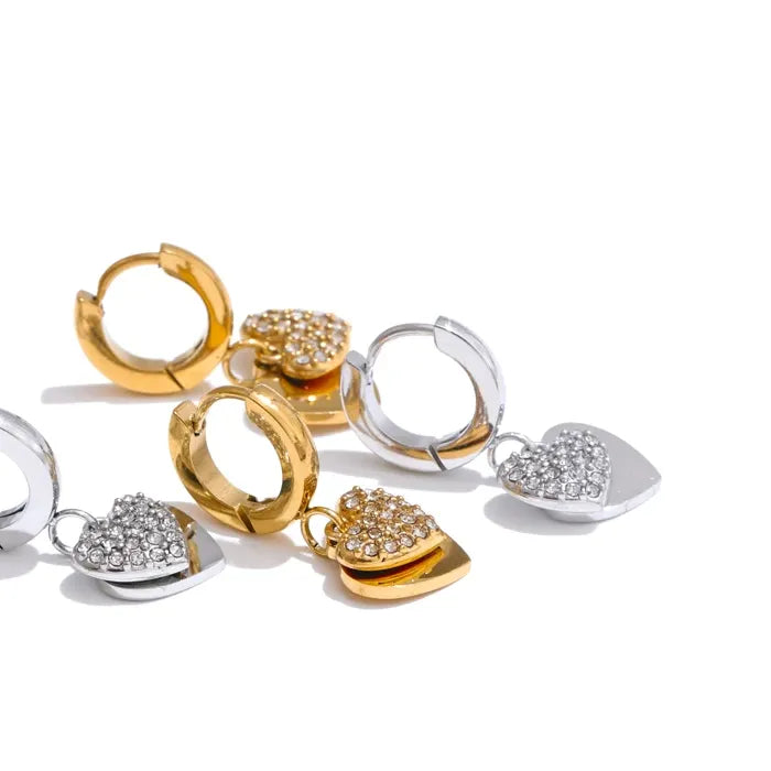 18K Gold Plated Stainless Steel Double Heart Cubic Zircon Drop Hoop Earrings for Women Hypoallergenic High Quality Jewelry