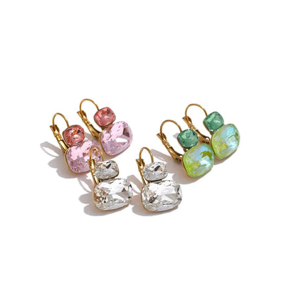 Crystal Stud Earrings French Hoops Trendy White Green Pink Jewelry for Women 18k PVD Plated