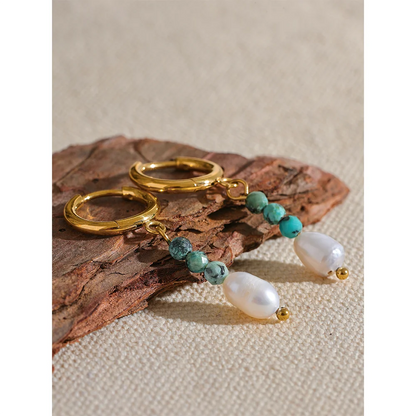 Freshwater Pearl & Stone Drop Hoop Earrings – Gold Plated