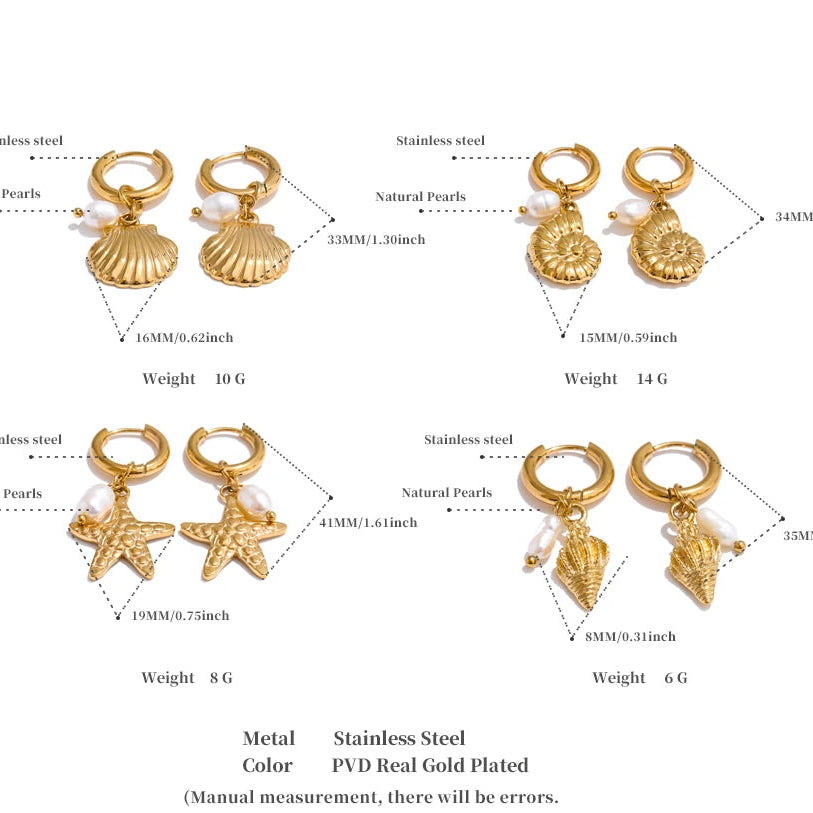 Ocean Theme Natural Pearl Conch Shell Starfish Drop Summer Hoop Earrings for Women Stainless Steel Holiday Daily Jewelry