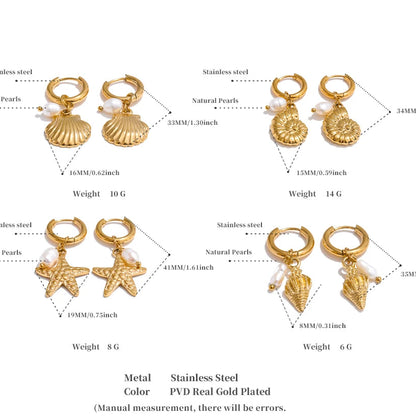 Ocean Theme Natural Pearl Conch Shell Starfish Drop Summer Hoop Earrings for Women Stainless Steel Holiday Daily Jewelry