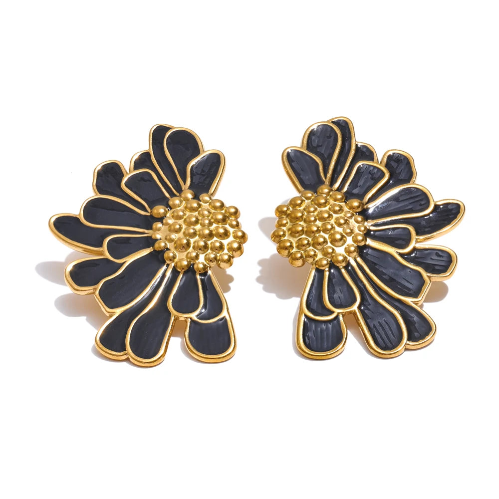 Floral Big White Black Enamel - Fashion Stud Earrings 18K Gold Color PVD Plated Stainless Steel Jewelry