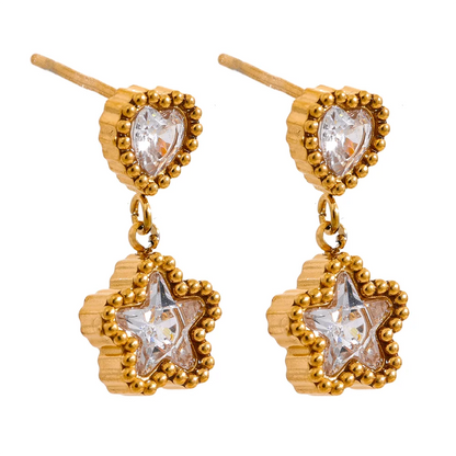 High Quality Blue White Cubic Zirconia Stainless Steel Heart Star Drop Earrings - 18K Gold Plated Jewelry