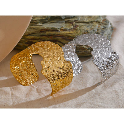 Hammered Wide Open Cuff – 18K Gold Stainless Steel Bracelet