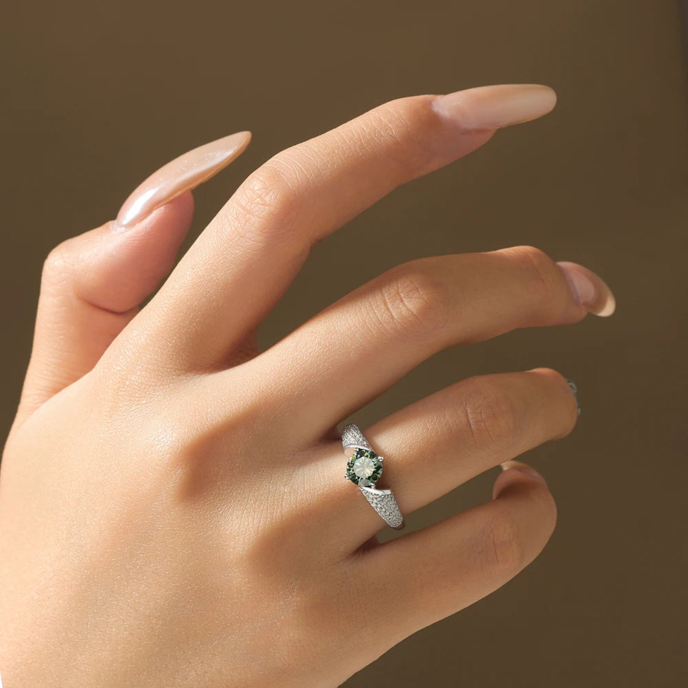 Luxe Jewels Round Cut 1CT Green Moissanite Ring - Genuine S925 Sterling Silver Ring for Women