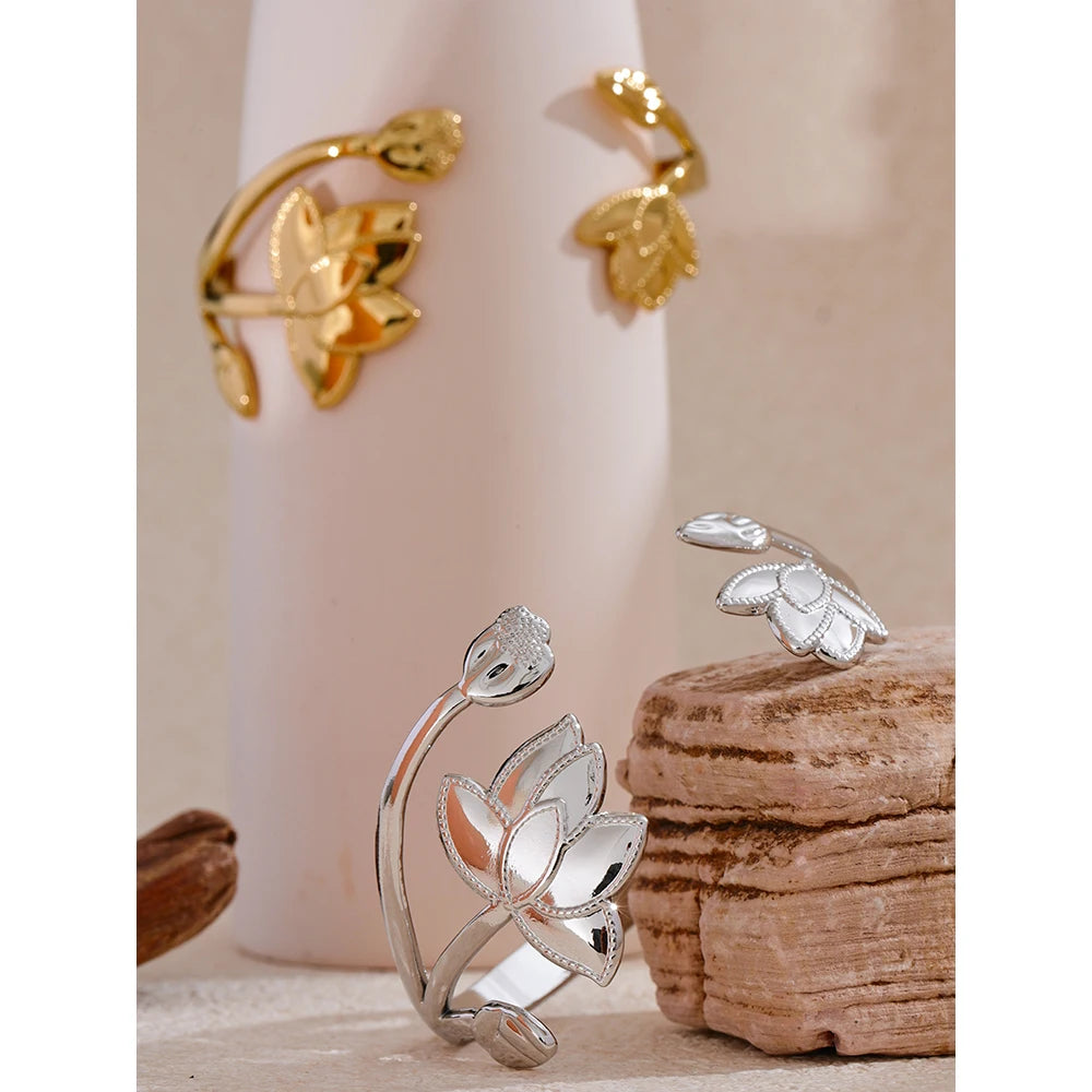 Big Flower Open Cuff Bracelet – Stainless Steel Gold Bangle