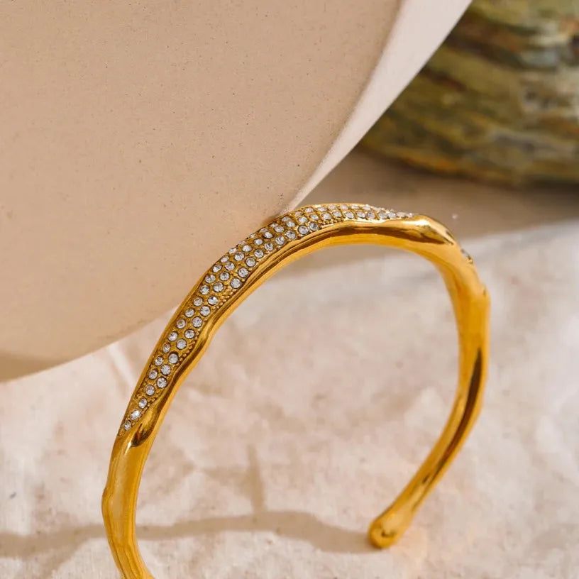 62mm CZ Open Cuff Bracelet – 18K Real Gold Plated Stainless Steel Waterproof Bracaelet