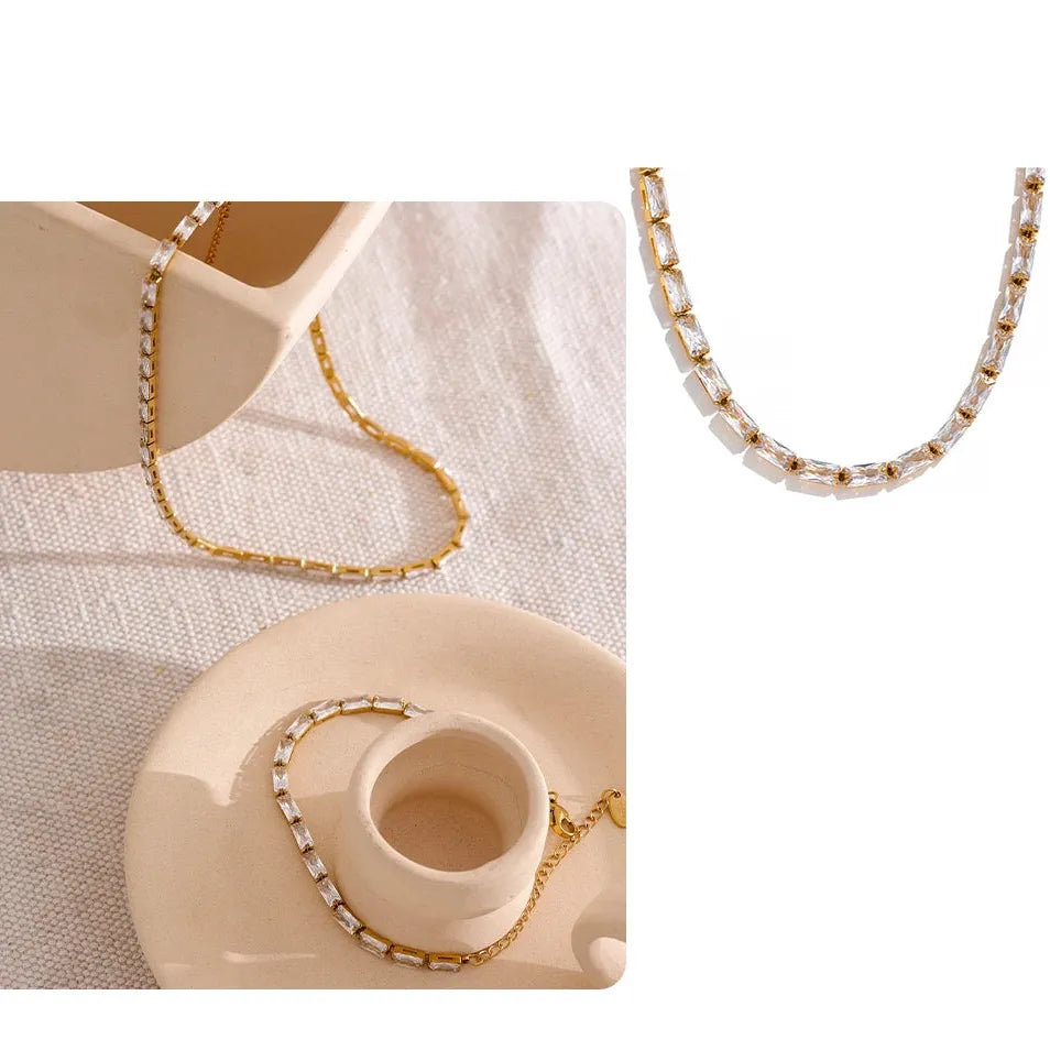 Luxury White & Green CZ Necklace Bracelet Set – Gold Plated Design