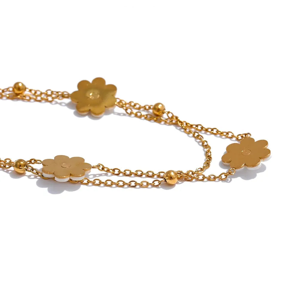 Double Layer Shell Flower Necklace & Anklet – Gold-Plated Plant Charm Jewelry