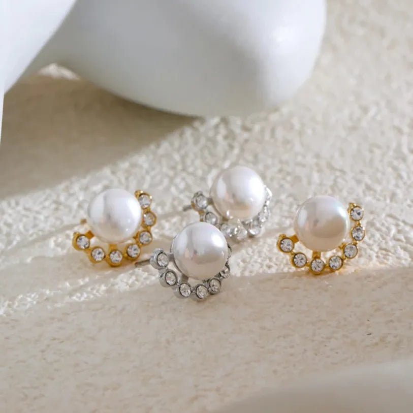 Pearl & Zirconia Stud Earrings – Gold Plated Water Resistant
