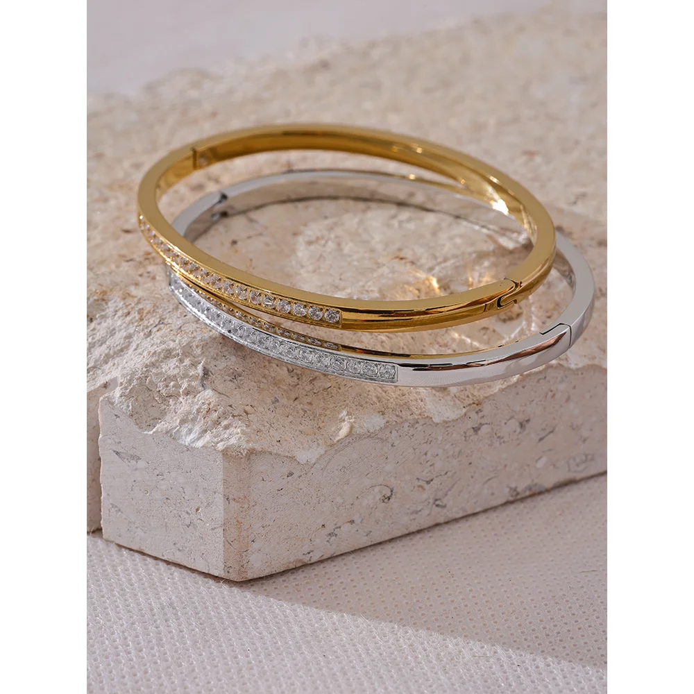 Cubic Zirconia Bangle – 60mm Gold-Plated Stainless Steel Daily Bracelet