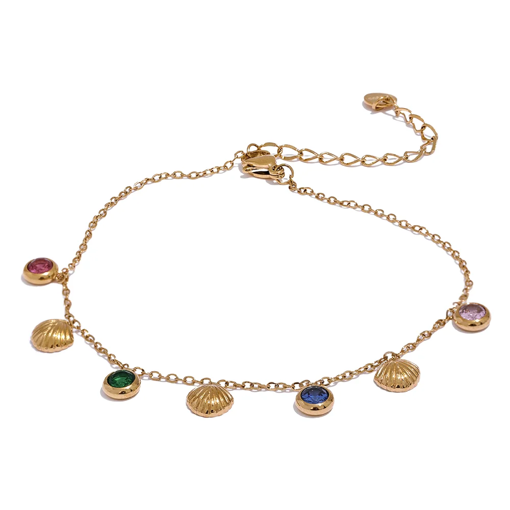 Colorful CZ Shell Anklet – Trendy Gold-Plated Stainless Steel