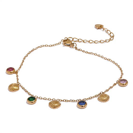 Colorful CZ Shell Anklet – Trendy Gold-Plated Stainless Steel