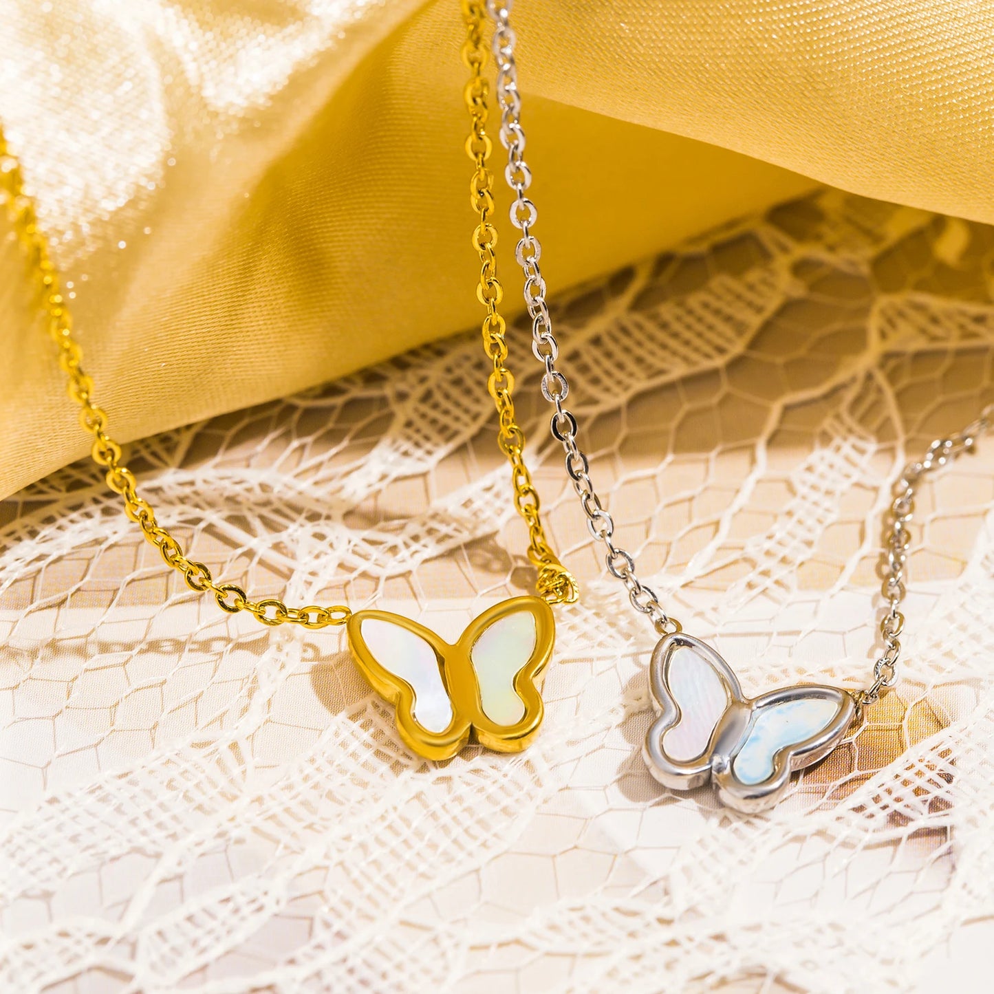 Women's Butterfly Earrings & Necklace Set - Hypoallergenic Stainless Steel with Shell