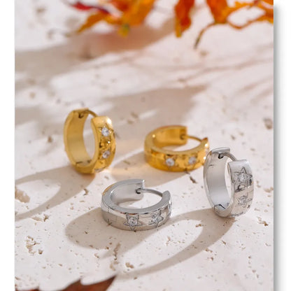 16mm Zirconia Star Round Daily Hoop Earrings for Women Hypoallergenic Stainless Steel High Quality Chic Jewelry