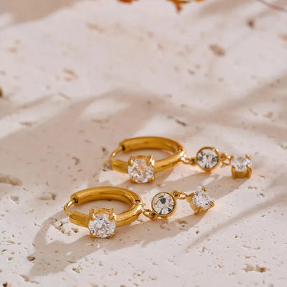 Gold Plated Stainless Steel Cubic Zirconia Drop Earrings