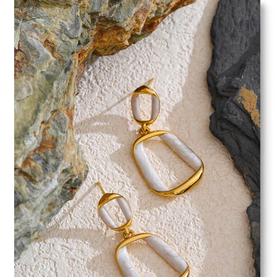 Trendy Stainless Steel White Enamel Rectangular Hollow Drop Earrings 18K Gold Color Plated Jewelry