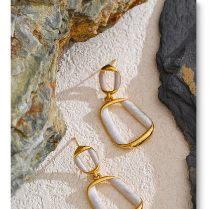 Trendy Stainless Steel White Enamel Rectangular Hollow Drop Earrings 18K Gold Color Plated Jewelry