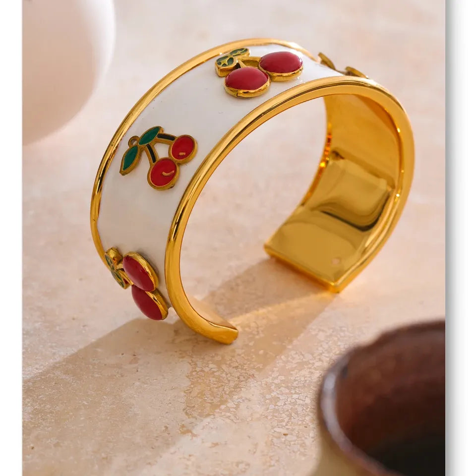 18K Gold Plated 64mm Stainless Steel White Enamel Cherry Cuff Bracelet - Jewelry Gift Ideas