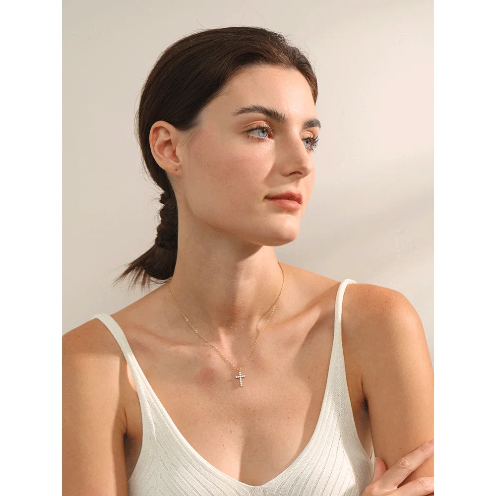 Cubic Zirconia Cross Pendant – 316L Gold Stainless Steel Necklace