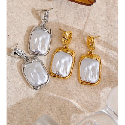 Stainless Steel Pearl Square Drop Earrings for Women Tarnish Resistant - Fashion Jewelry