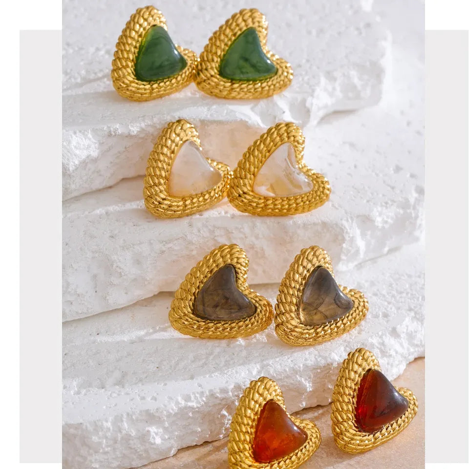 Stainless Steel Resin Heart Love Golden Stud Earrings Daily Wear Trendy Jewelry
