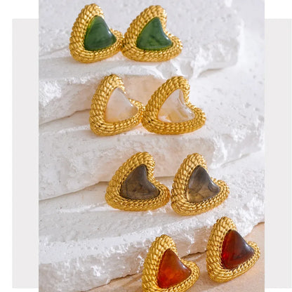 Stainless Steel Resin Heart Love Golden Stud Earrings Daily Wear Trendy Jewelry