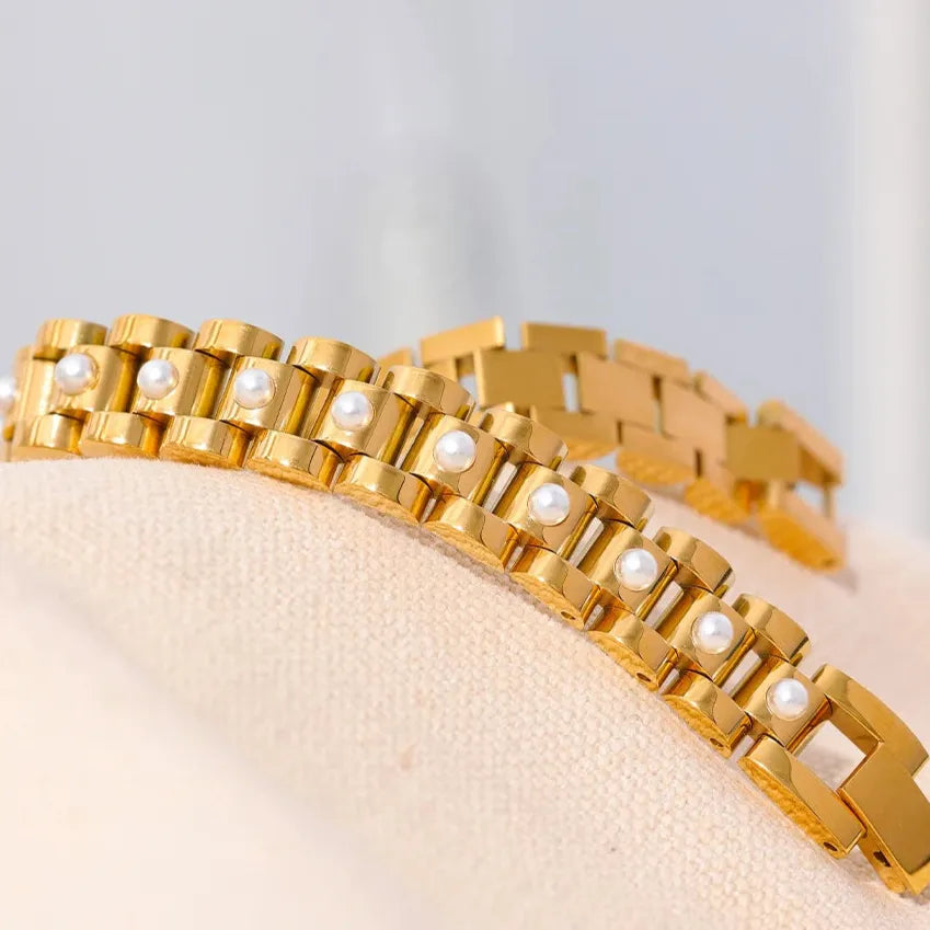 18cm Pearl / Cuban Zirconia Bracelet – 18K Gold Plated Stainless Steel Waterproof Jewellery