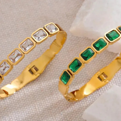 Green & White CZ Cuff Bracelet – 18K Gold Plated Waterproof Stainless Steel Jewellery