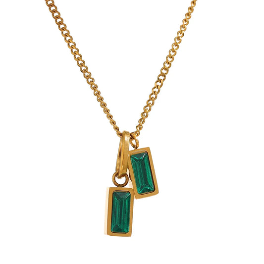 Geometric Green Zirconia Pendant Necklace – Dainty Gold Chain Jewelry
