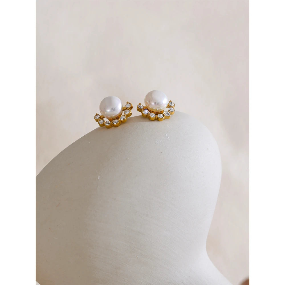 Pearl & Zirconia Stud Earrings – Gold Plated Water Resistant