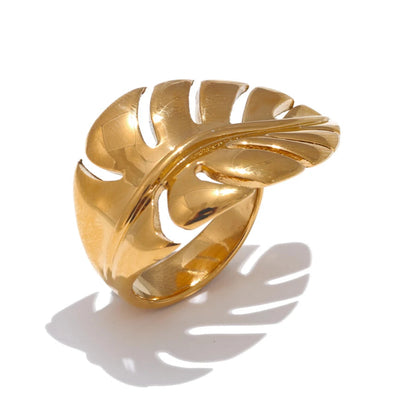 Luxe Jewels Stylish Stainless Steel Metal Leaf Open Ring - 18K Gold Plated Jewelry