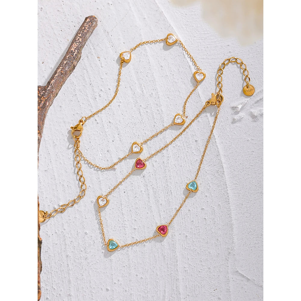 Colorful Heart Zircon Anklet – Gold Plated Stainless Steel