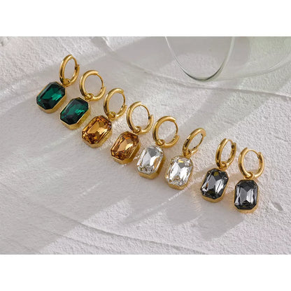 Stainless Steel Cubic Zirconia Drop Dangle Charms Trendy Earrings 18k-gold-plated Green Square Earring Jewelry