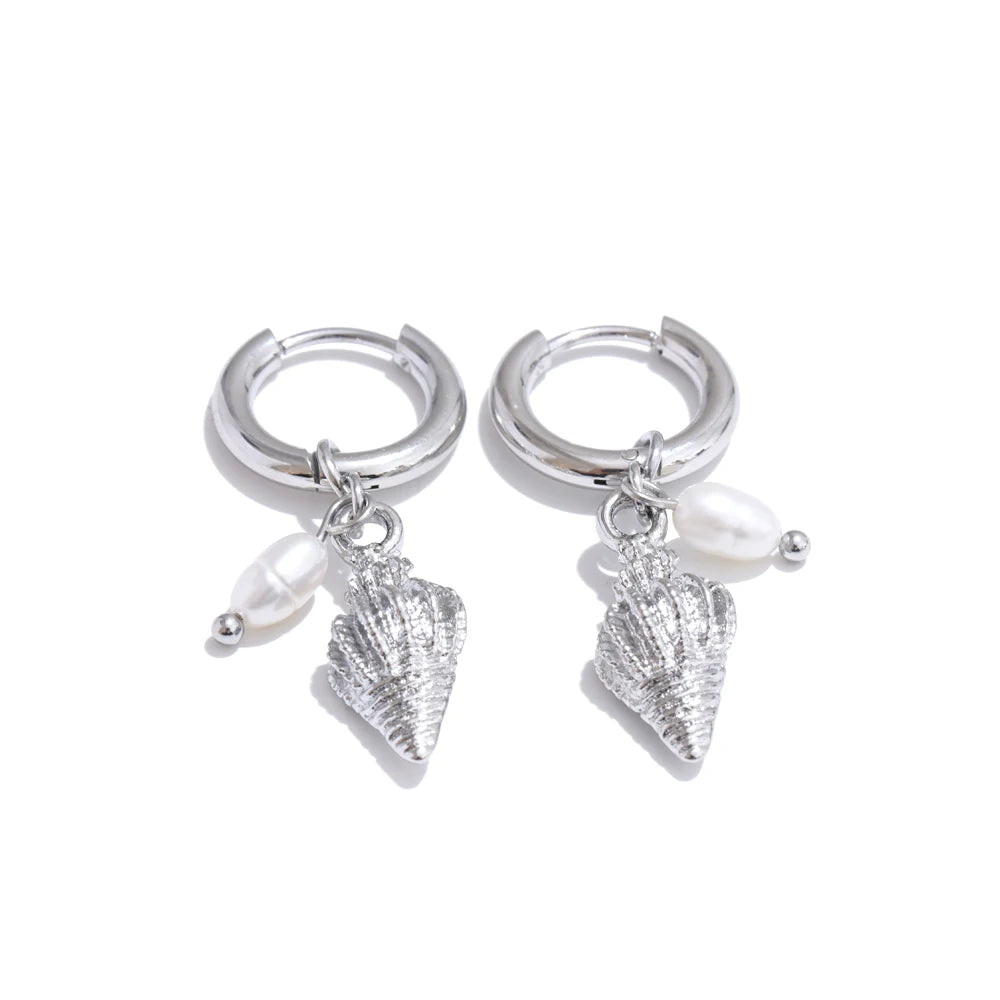 Ocean Theme Natural Pearl Conch Shell Starfish Drop Summer Hoop Earrings for Women Stainless Steel Holiday Daily Jewelry