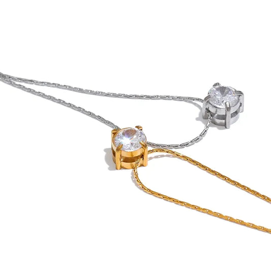 Chic Cubic Zirconia Pendant Necklace – Gold Stainless Steel Daily Jewelry