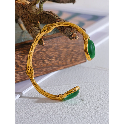 Green Stone Cuff Bracelet – Gold Plated Stainless Steel, Textured 18K Plated Waterproof Jewelry