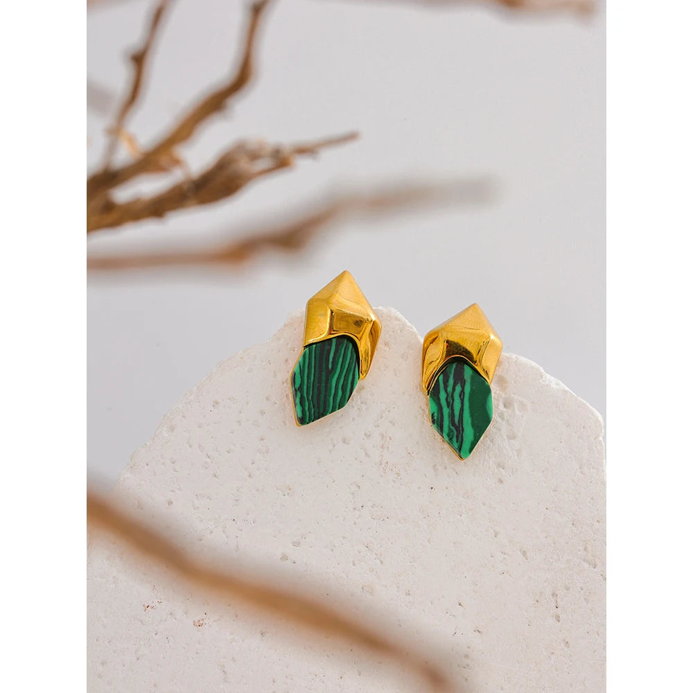 Gold Plated Green Malachite Geometric Earrings – Tarnish Resistant Studs