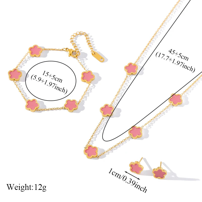 Five-Leaf Clover Jewelry Set – Pink Flower Stainless Steel Trio