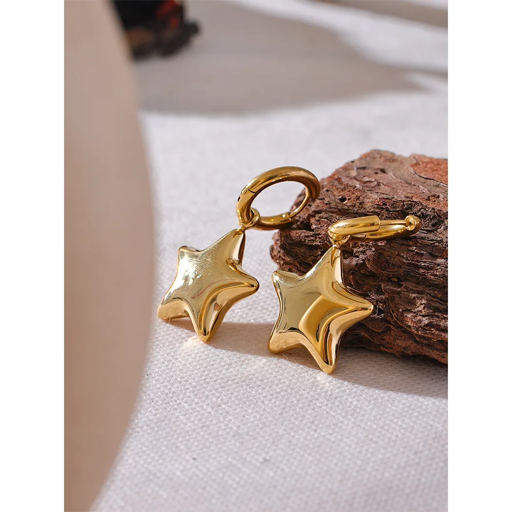 Fashion Stainless Steel Star Thick Drop Hoop Earrings Women - 18K Gold Plated Jewelry