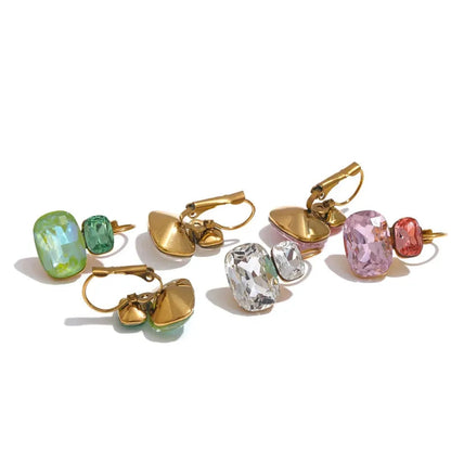 Crystal Stud Earrings French Hoops Trendy White Green Pink Jewelry for Women 18k PVD Plated