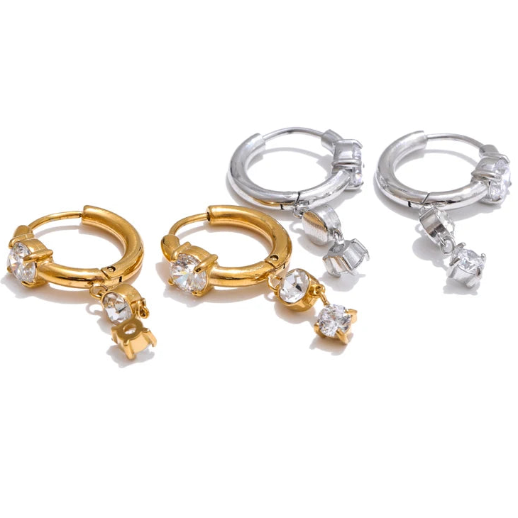 Gold Plated Stainless Steel Cubic Zirconia Drop Earrings
