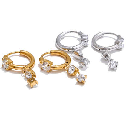 Gold Plated Stainless Steel Cubic Zirconia Drop Earrings