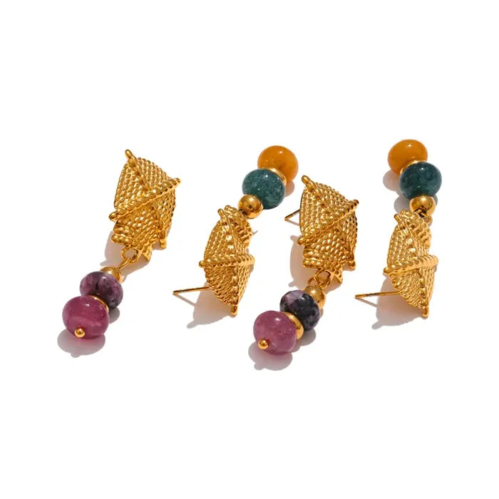 Handmade Waterproof Golden Drop Earrings – Natural Stone Design
