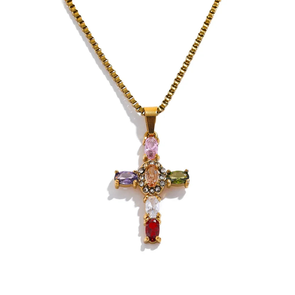 Colorful Cubic Zirconia Cross Pendant Necklace – Gold Stainless Steel