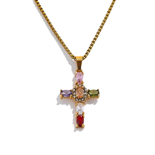 Colorful Cubic Zirconia Cross Pendant Necklace – Gold Stainless Steel