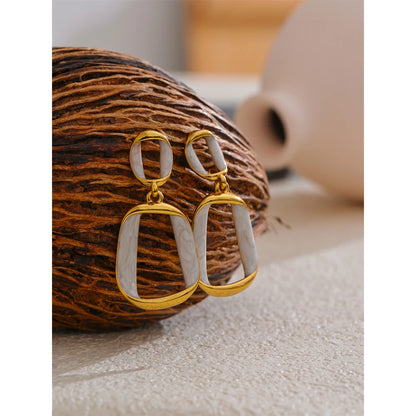 Trendy Stainless Steel White Enamel Rectangular Hollow Drop Earrings 18K Gold Color Plated Jewelry