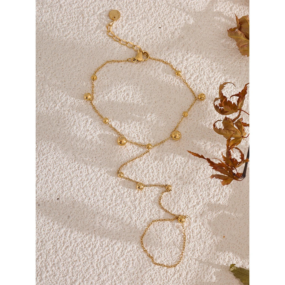 Gold Stainless Steel Finger Hand Bracelet – 18K Plated Beaded Jewelry
