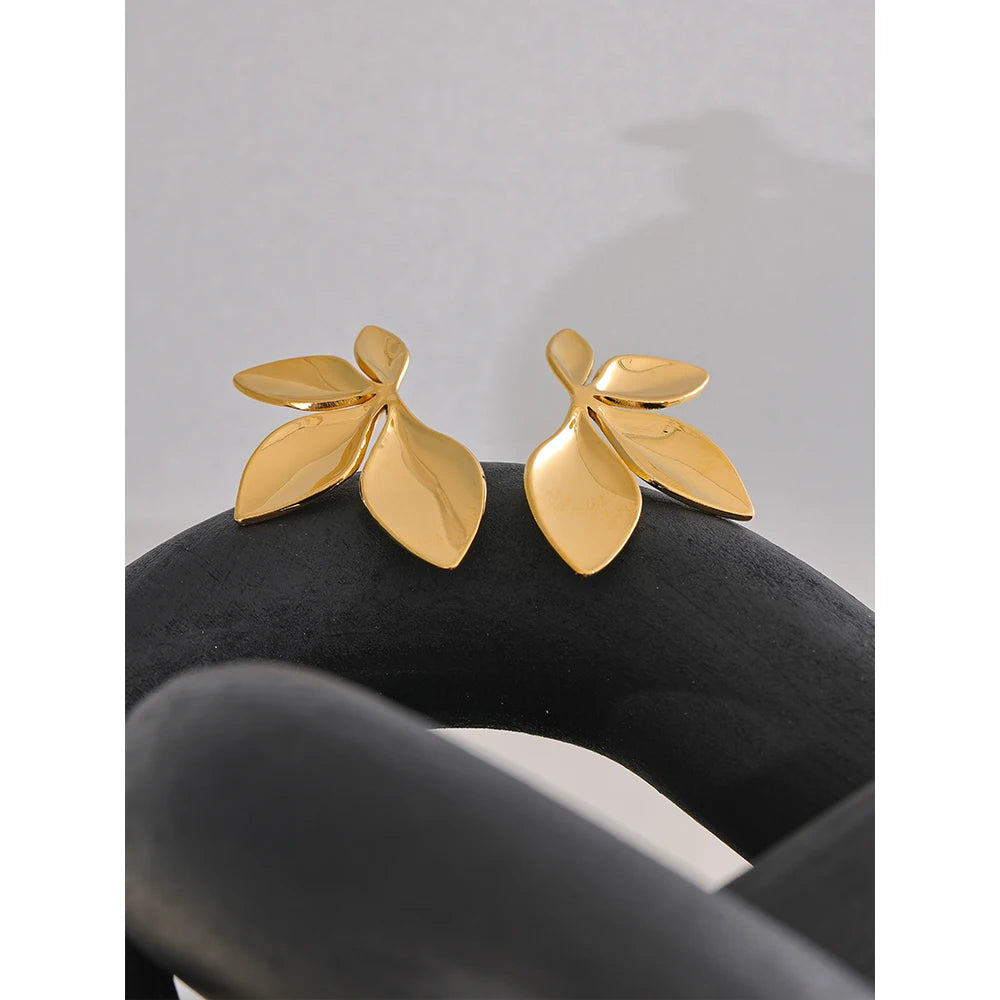 Stainless Steel Flower Leaves Stud Earrings - Hypoallergenic Waterproof Charm Texture High Quality Jewelry